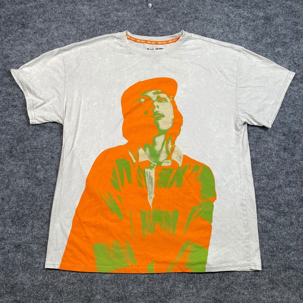 Billie Eilish Mineral Wash Graphic T-Shirt Gray Orange Green Portrait Mens M